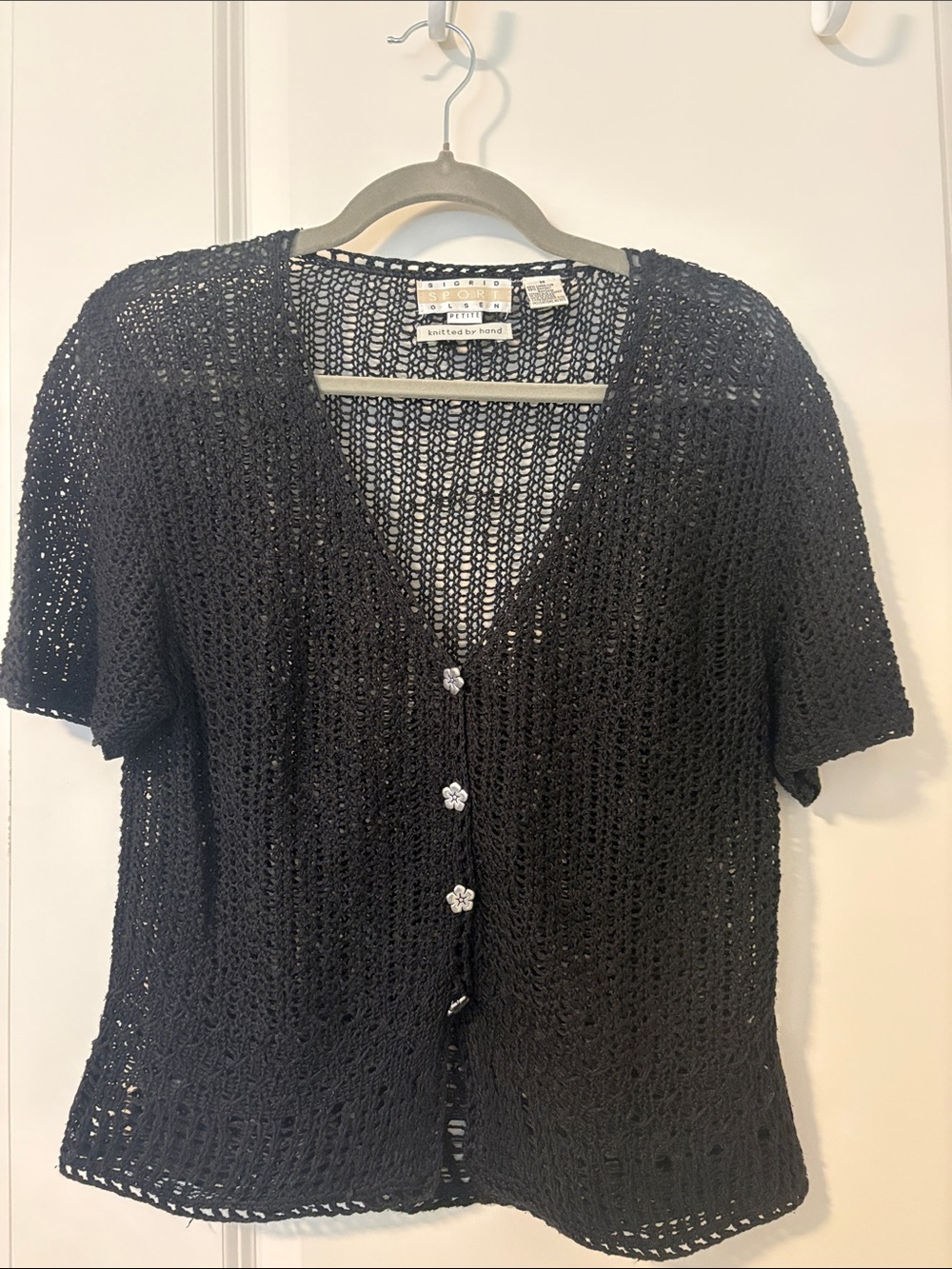 Sigrid Olsen Black Open-Weave Knitted Petite Cardigan